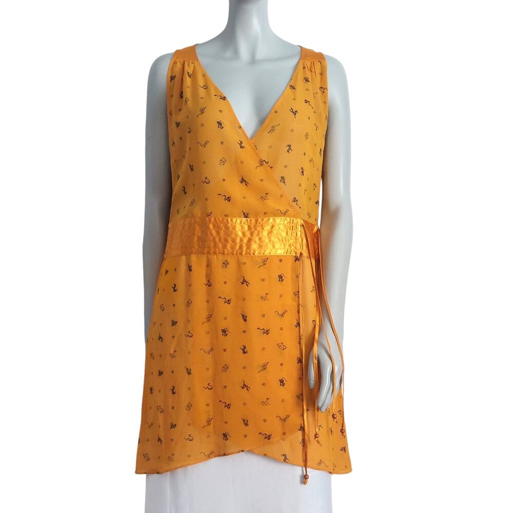 Weird Animals Print Dress Orange Small Sheer Satin Trim Tunic Top NWOT Faux Wrap